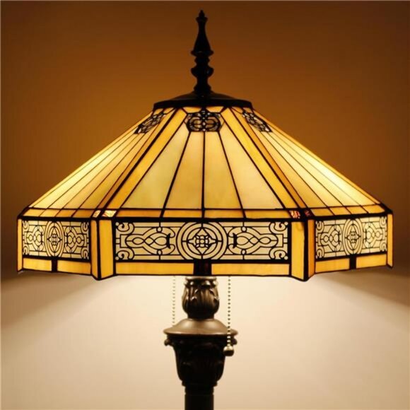 Tiffany Floor Lamp Yellow Hexagon Stained Glass Mission Standing Reading Light - Picture 6 of 7